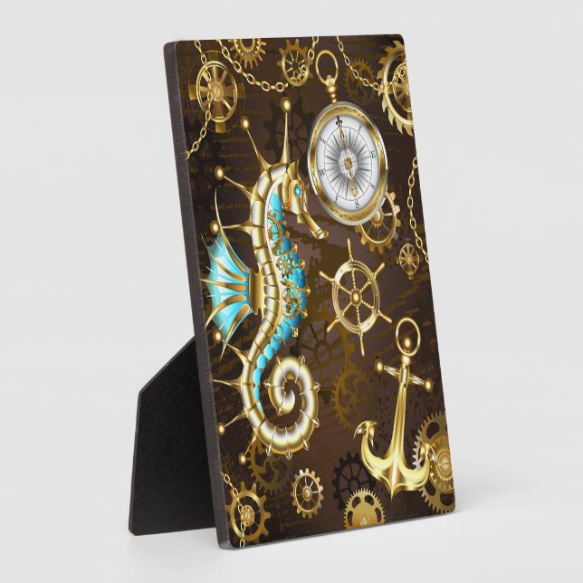 Wooden Background with Mechanical Seahorse Plaque (Side)