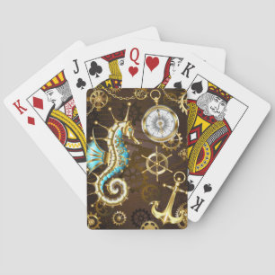 Wooden Background with Mechanical Seahorse Playing Cards