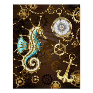 Wooden Background with Mechanical Seahorse Poster