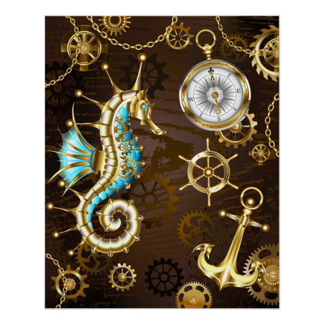 Wooden Background with Mechanical Seahorse Poster (Front)