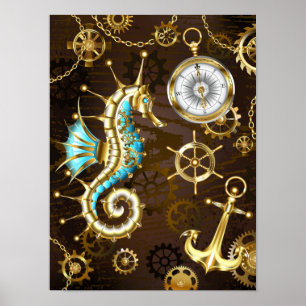 Wooden Background with Mechanical Seahorse Poster