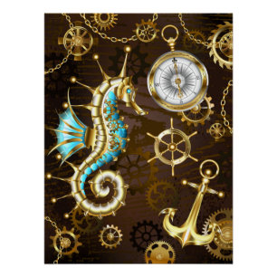 Wooden Background with Mechanical Seahorse Poster