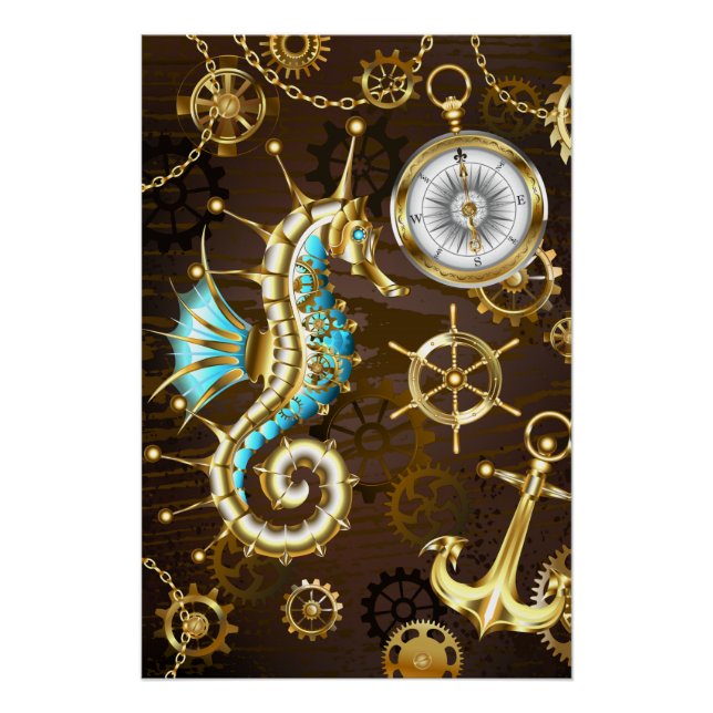 Wooden Background with Mechanical Seahorse Poster (Front)