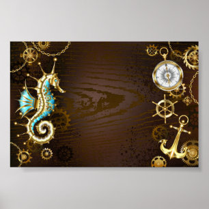Wooden Background with Mechanical Seahorse Poster