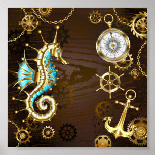 Wooden Background with Mechanical Seahorse Poster