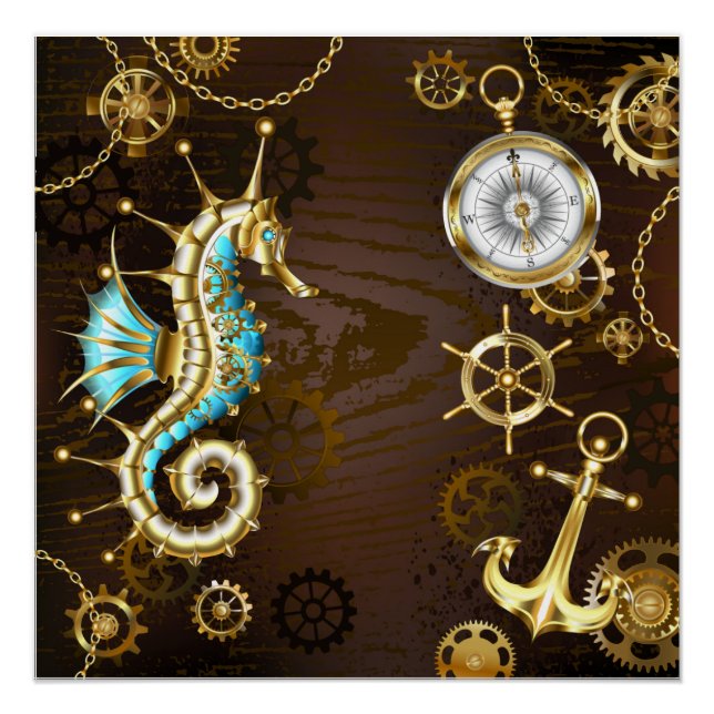 Wooden Background with Mechanical Seahorse Poster (Front)