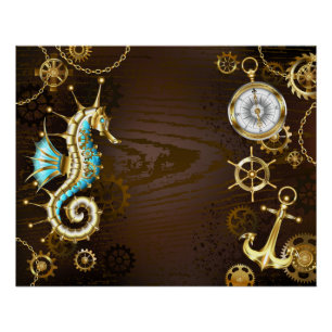Wooden Background with Mechanical Seahorse Poster