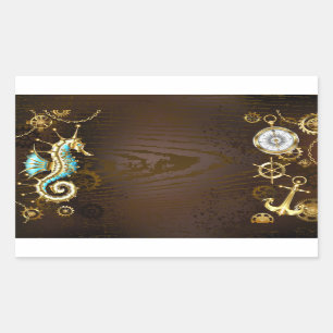 Wooden Background with Mechanical Seahorse Rectangular Sticker