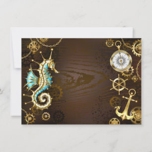 Wooden Background with Mechanical Seahorse Save The Date