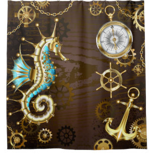 Wooden Background with Mechanical Seahorse Shower Curtain