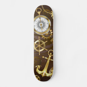 Wooden Background with Mechanical Seahorse Skateboard