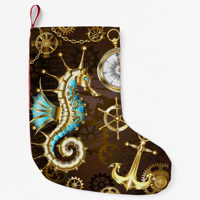 Wooden Background with Mechanical Seahorse Small Christmas Stocking (Front)