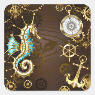 Wooden Background with Mechanical Seahorse Square Sticker