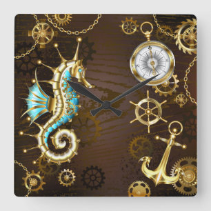Wooden Background with Mechanical Seahorse Square Wall Clock
