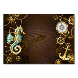 Wooden Background with Mechanical Seahorse Table Number