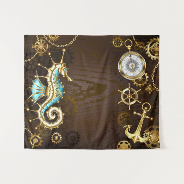 Wooden Background with Mechanical Seahorse Tapestry (Front (Horizontal))