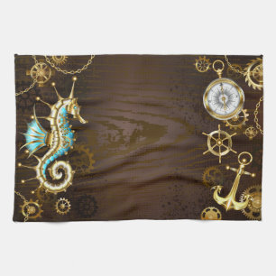 Wooden Background with Mechanical Seahorse Tea Towel