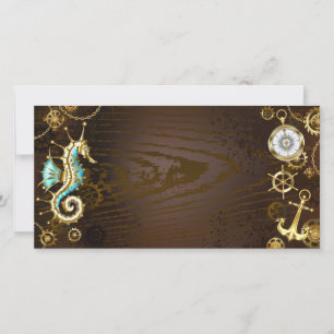 Wooden Background with Mechanical Seahorse Thank You Card