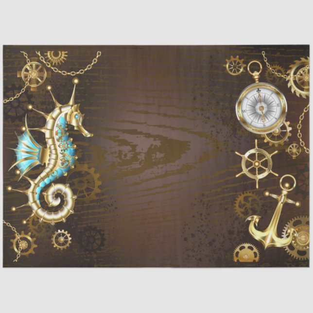 Wooden Background with Mechanical Seahorse Tissue Paper (Front)
