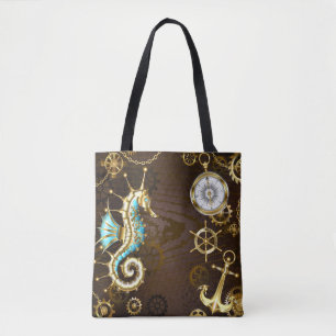 Wooden Background with Mechanical Seahorse Tote Bag