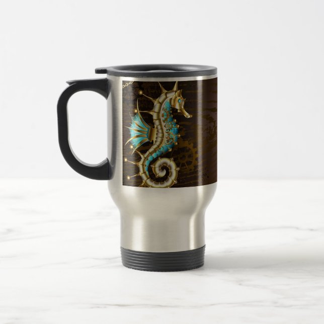 Wooden Background with Mechanical Seahorse Travel Mug (Left)