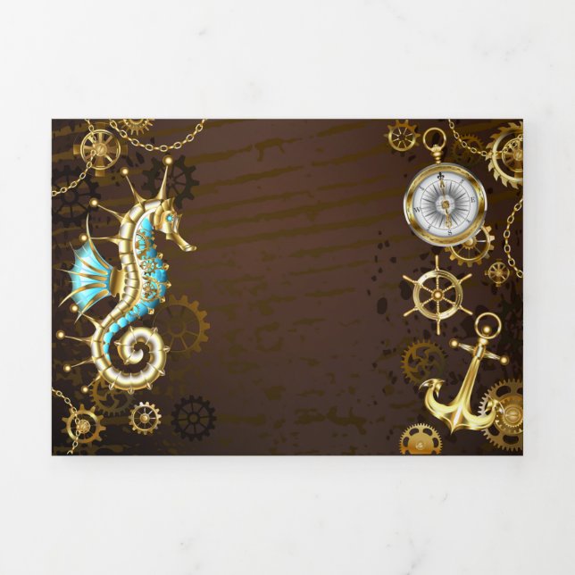 Wooden Background with Mechanical Seahorse Tri-Fold Announcement (Cover)