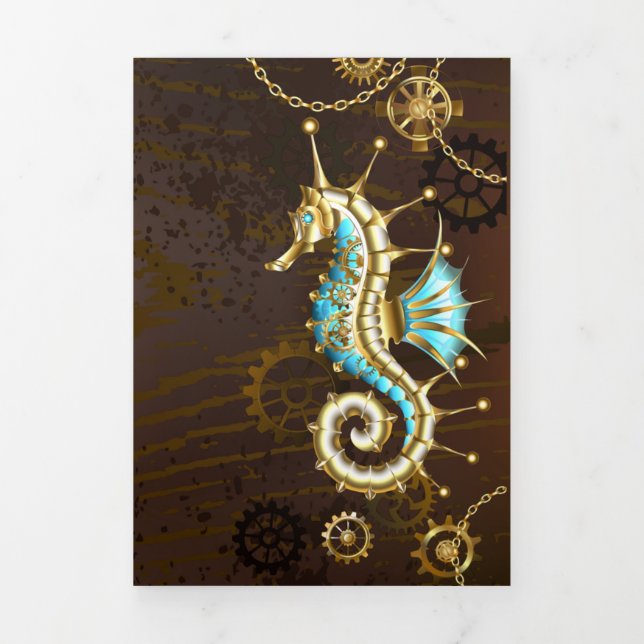 Wooden Background with Mechanical Seahorse Tri-Fold Programme (Cover)