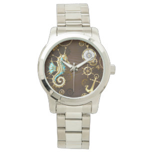 Wooden Background with Mechanical Seahorse Watch