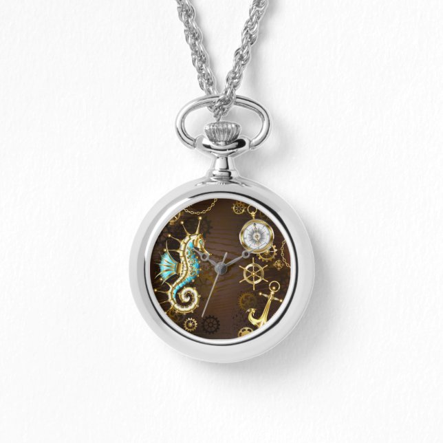Wooden Background with Mechanical Seahorse Watch (Front)