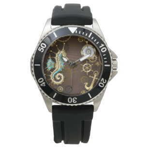 Wooden Background with Mechanical Seahorse Watch
