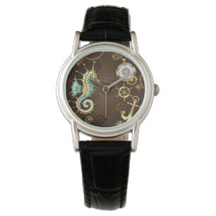 Wooden Background with Mechanical Seahorse Watch