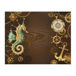 Wooden Background with Mechanical Seahorse Wood Wall Art