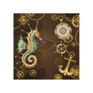 Wooden Background with Mechanical Seahorse Wood Wall Art
