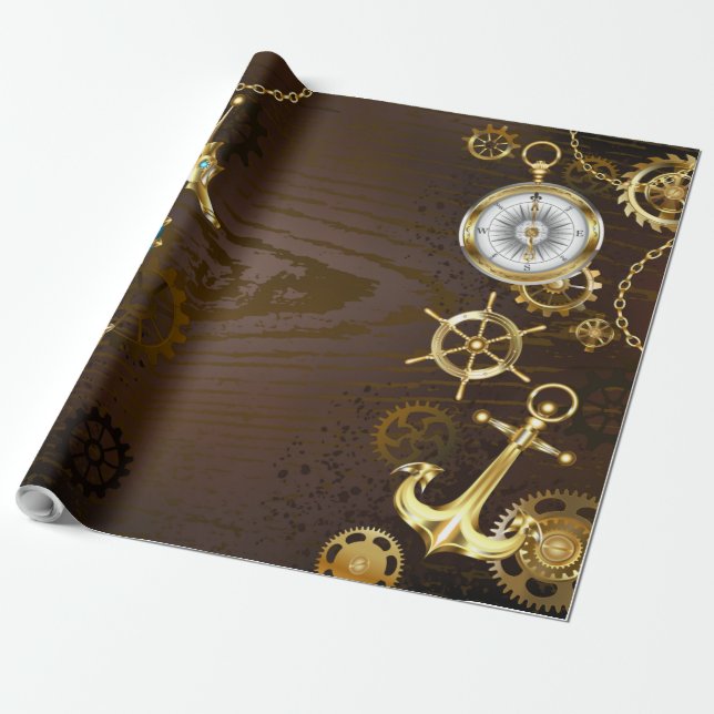 Wooden Background with Mechanical Seahorse Wrapping Paper (Unrolled)