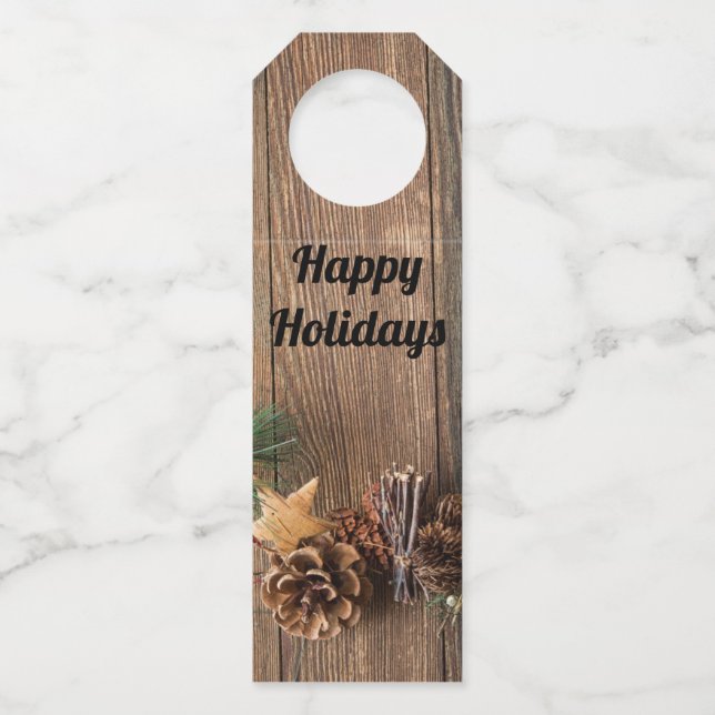 wooden background with pine cones      bottle tag (Front)