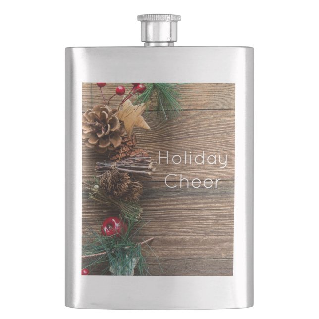 wooden background with pine cones hip flask (Front)