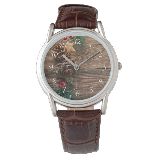 wooden background with pine cones         watch (Front)