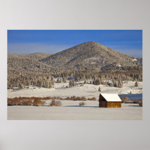 Wooden barn sits in snow near the Boulder Poster