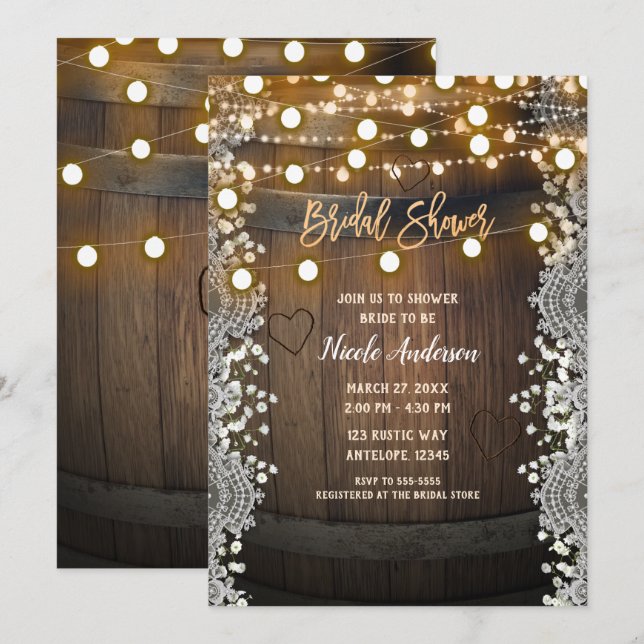 Wooden Barrel Carved Heart Lights Bridal Shower Invitation (Front/Back)