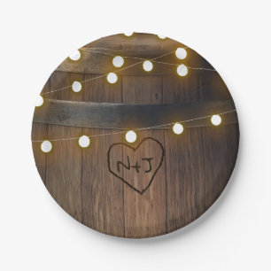 Wooden Barrel Carved Heart Lights Rustic Wedding Paper Plate