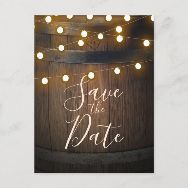 Wooden Barrel Carved Heart Lights Save the Date Announcement Postcard (Front)