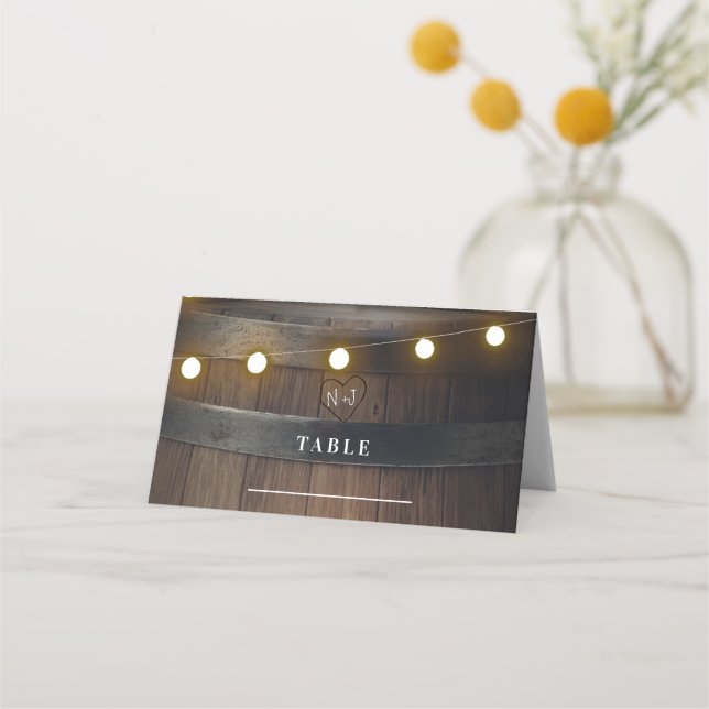 Wooden Barrel Lights Rustic Wedding Table Number Place Card (Front)