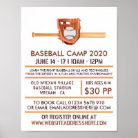 Wooden Baseball Bat & Gear, Baseball Camp Advert