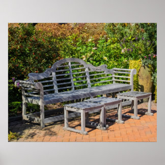 Wooden Bench in Lush Garden Poster