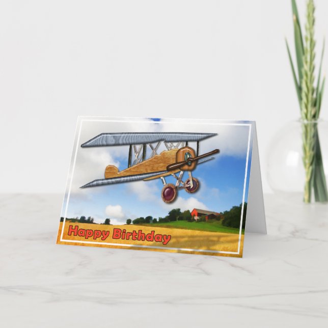 Wooden Biplane Over Fields  Happy Birthday Card (Front)