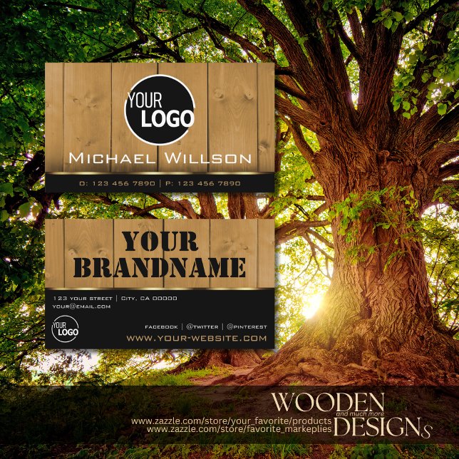 Wooden Boards Black and Brown Wood Grain Look Logo Business Card (Creator Uploaded)