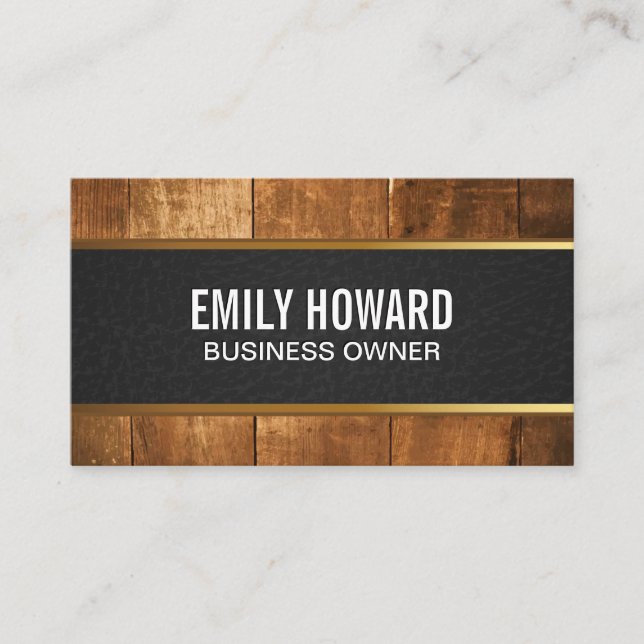 Wooden Boards | Black Leather Gold Trim Business Card (Front)