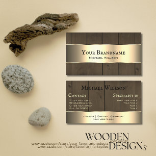 Wooden Boards Dark Brown Wood Grain Gold Border Business Card