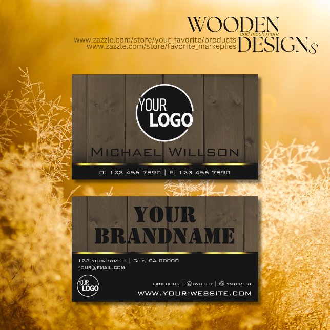 Wooden Boards Dark Brown Wood Grain Look with Logo Business Card (Creator Uploaded)