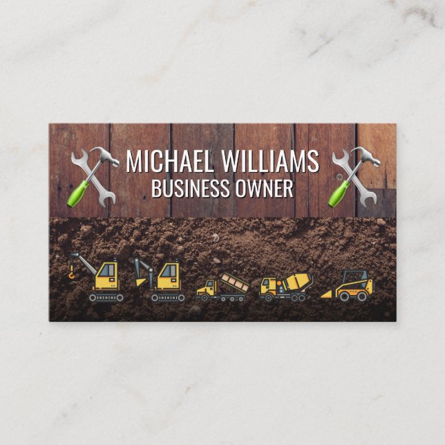 Wooden Boards Dirt | Construction Vehicles | Tools Business Card (Front)